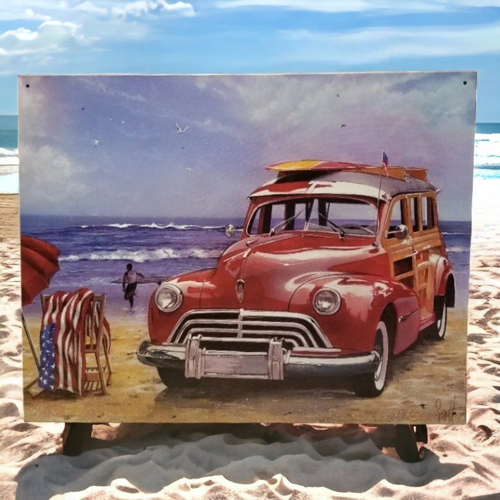 Vintage Metal Sign Woody Station Wagon Beach Surfboard American Flag Nostalgia